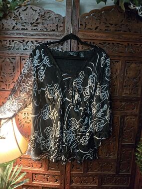 Black Floral Sheer V-Neck Women's Top